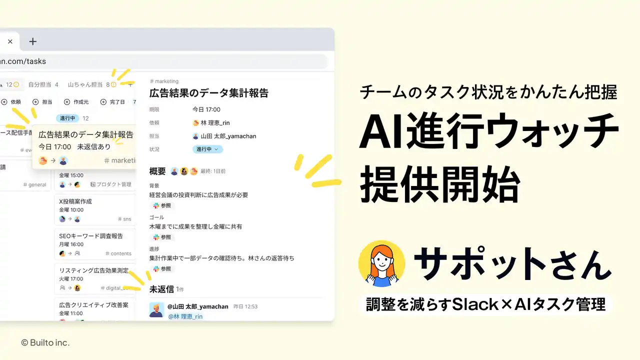 【株式会社Builto】 調整の負担を減らすSlack×AIタスク管理「サポットさん」、AI進行ウォッチ機能を提供 ─ チームの進行を俯瞰し、対応の優先判断を支援