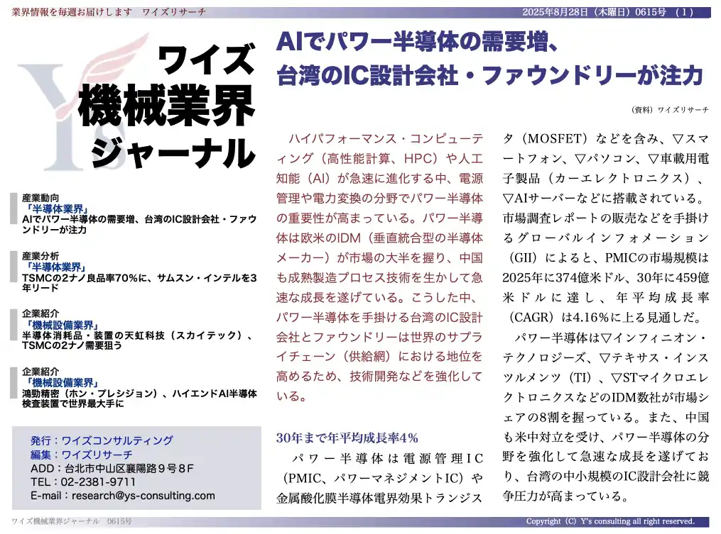 【台湾情報】AIで高まるパワー半導体需要、台湾IC設計会社とファウンドリーが強化策＜ワイズ機械業界ジャーナル2025年8月第４週号発行＞