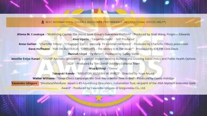 声優・ナレーション界の最高峰・米最大級アワード『One Voice Awards USA 2025』で石黒康修が国際ナレーション部門ファイナリスト10名に選出！！