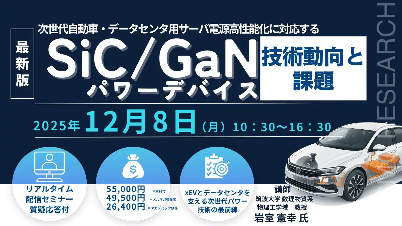 【CMCリサーチ】 【ライブ配信/ZOOM】「次世代自動車・データセンタ用サーバ電源高性能化に対応するSiC/GaNパワーデバイスの技術動向と課題」セミナー開催！12月8日（月）主催：(株)シーエムシー・リサーチ