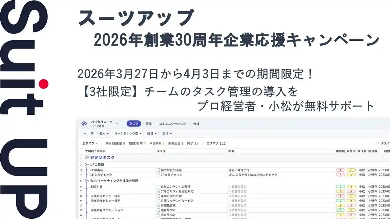 【スーツ】 AIタスク管理・プロジェクト管理ツール「スーツアップ」、2026年創業30周年企業応援キャンペーン