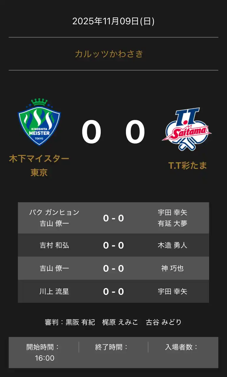 【卓球のＴリーグ】 ノジマＴリーグ 2025-2026 公式戦 11月9日開催 木下マイスター東京 vs T.T彩たま 対戦オーダー発表