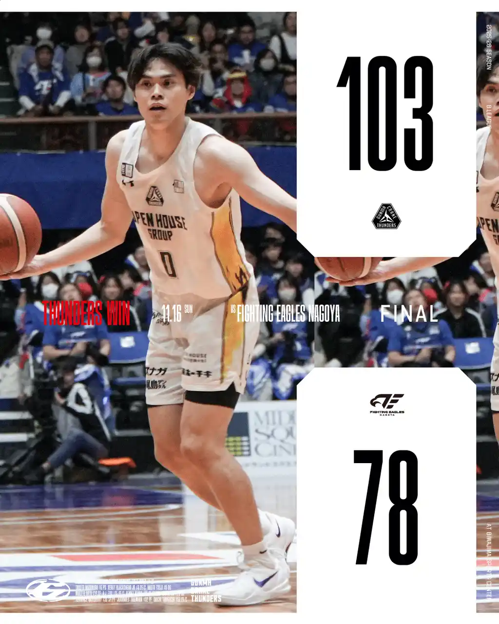 【群馬クレインサンダーズ：試合結果】11/16(日) vs ファイティングイーグルス名古屋 りそなグループ B.LEAGUE 2025-26シーズン