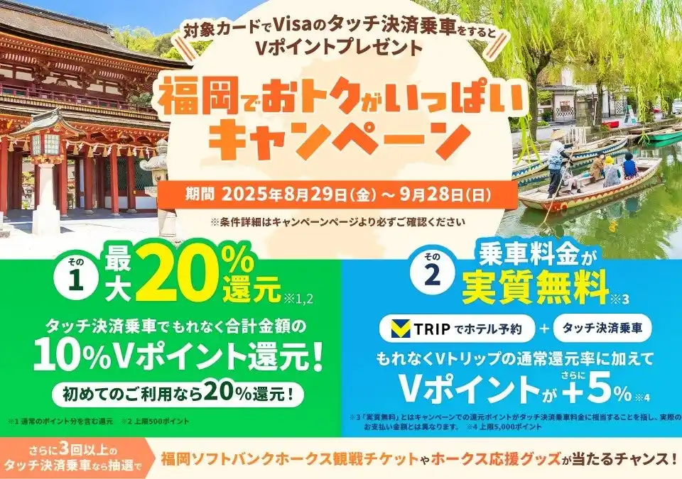 【三井住友カード株式会社】 三井住友カード(株)、「対象カードでVisaのタッチ決済乗車をするとVポイントプレゼント！福岡でおトクがいっぱいキャンペーン」を実施