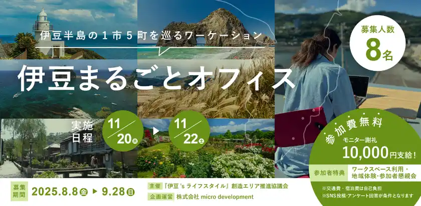 伊豆半島1市5町の雄大な自然を周遊する2泊3日のワーケーションモニターツアーを開催参加者8名を募集