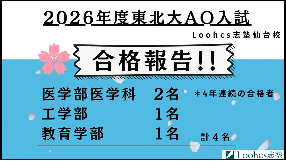 2026年度東北大学AO入試で医学部医学科2名含む4名合格【Loohcs志塾仙台校】