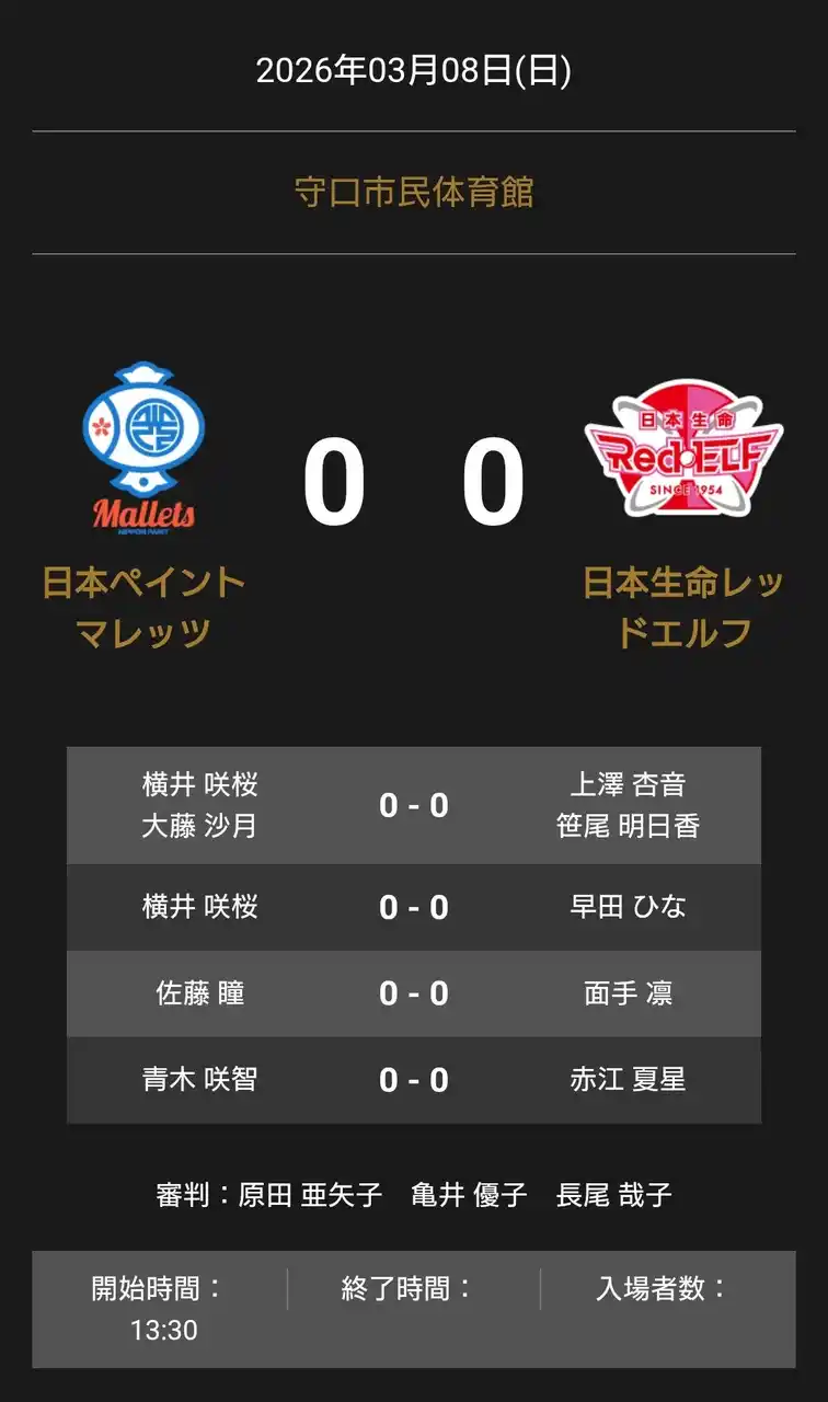 【卓球のＴリーグ】 ノジマTリーグ 2025-2026 公式戦 3月8日開催 日本ペイントマレッツ vs 日本生命レッドエルフ オーダー発表