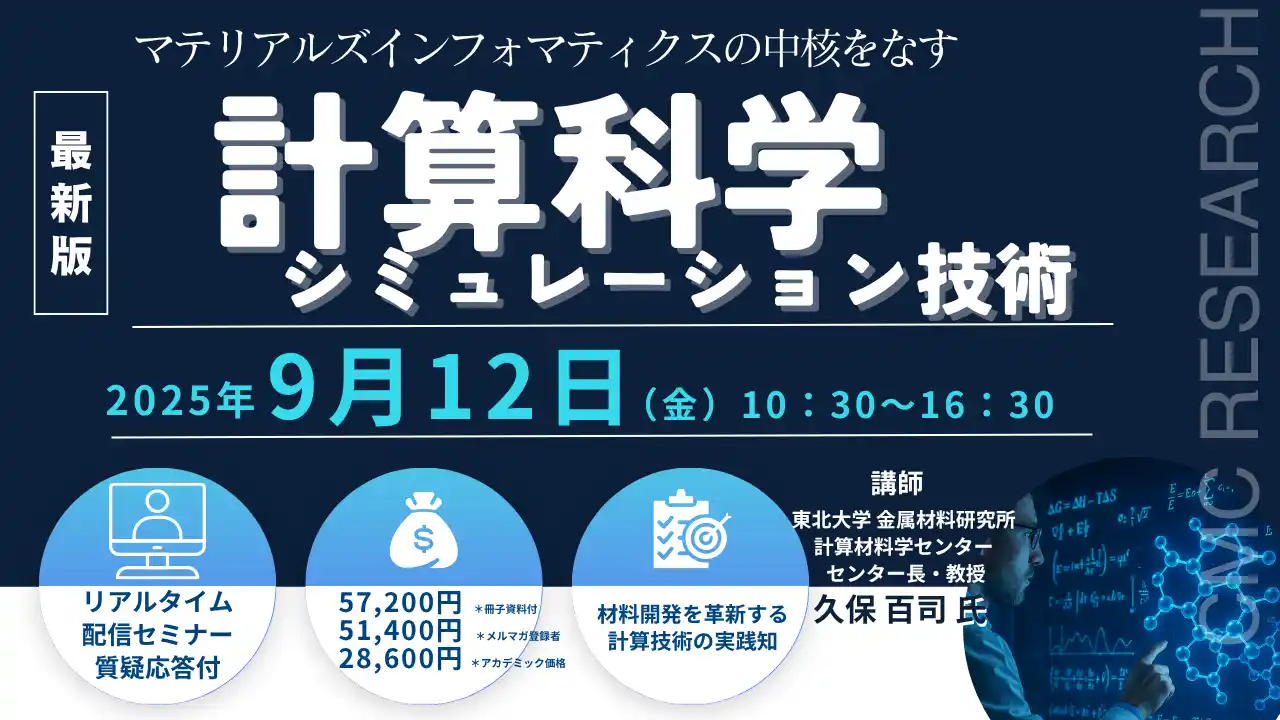 【CMCリサーチ】 【ライブ配信/ZOOM】「マテリアルズインフォマティクスの中核をなす計算科学シミュレーション技術」セミナー開催！9月12日（金）主催：(株)シーエムシー・リサーチ