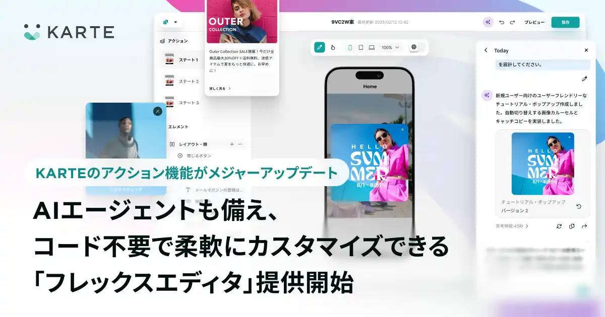 プレイド、KARTEのアクション機能のメジャーアップデートを発表。AIエージェントも備え、コード不要で柔軟にカスタマイズできる「フレックスエディタ」提供開始