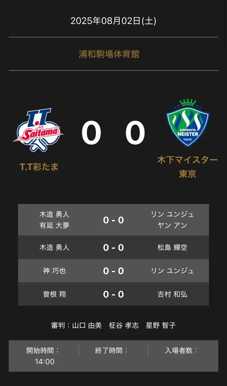 【卓球のＴリーグ】 ノジマＴリーグ 2025-2026シーズン 公式戦 8月2日開催 T.T彩たま vs 木下マイスター東京 対戦オーダー発表