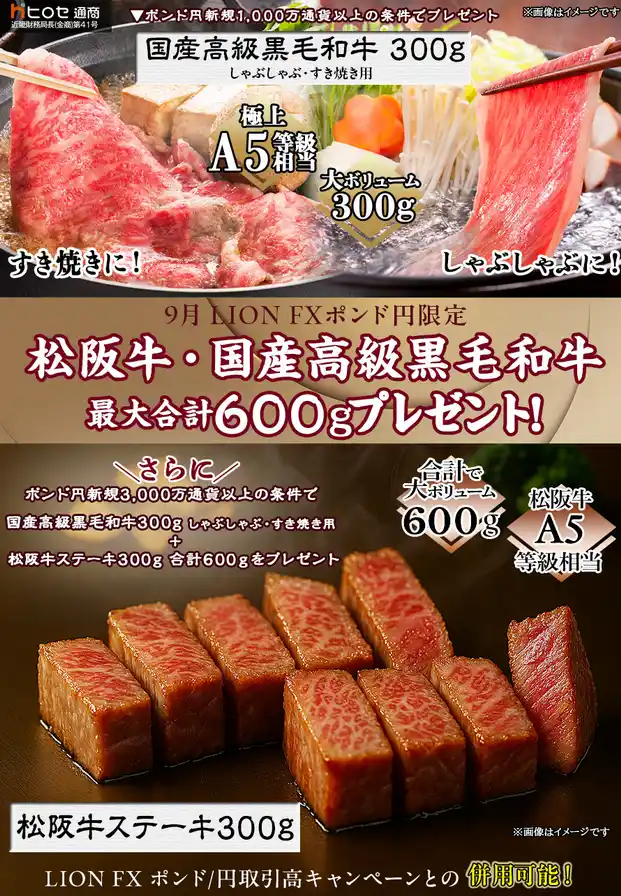 【ヒロセ通商株式会社】 LION FXポンド円限定 松阪牛・国産高級黒毛和牛最大600gプレゼント!を実施！