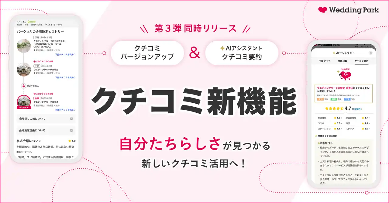 【結婚準備クチコミ情報サイト「Wedding Park」】クチコミの価値を最大化する新機能をリリース ～「クチコミバージョンアップ」と「AIアシスタント『クチコミ要約』」で納得感のある意思決定を支援～