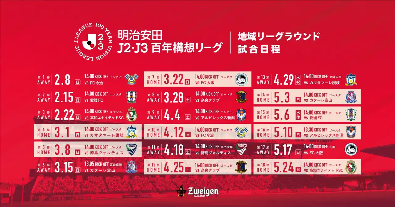 【株式会社石川ツエーゲン】 百年構想リーグのホームゲーム会場決定・日程決定のお知らせ