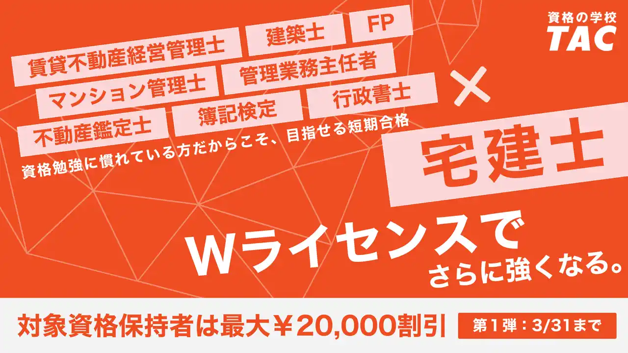 【TAC株式会社】 【TAC宅建士講座】宅建とのダブルライセンス取得を応援！”資格保有者限定”キャンペーン