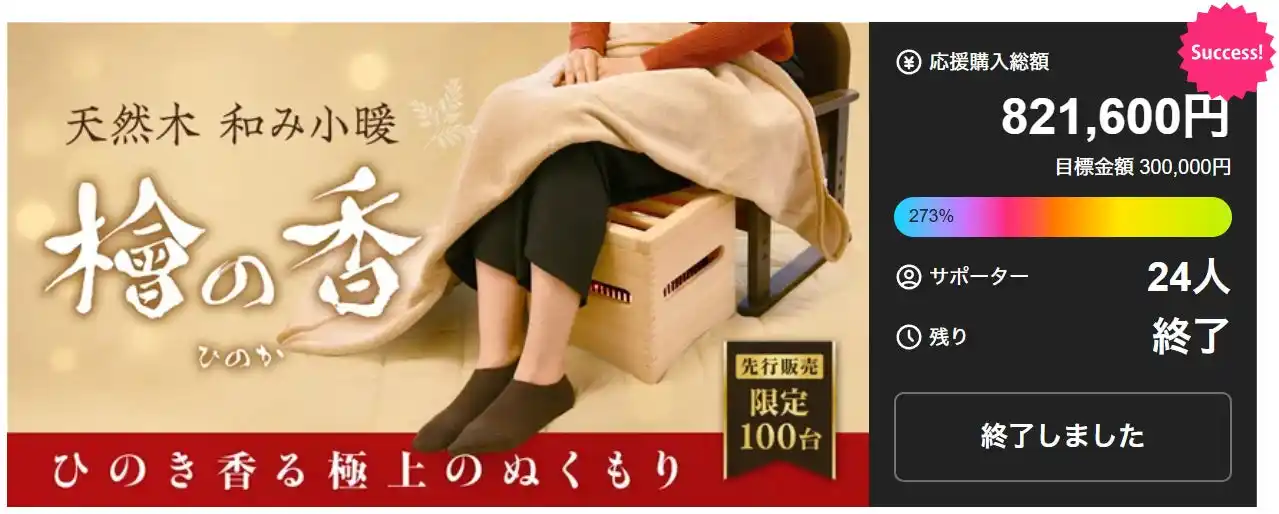【メトロ電気工業】 職人仕上げ・国産ひのきの香りとぬくもり　Makuakeで273％を達成した話題の「天然木 和み小暖 檜の香」販売開始