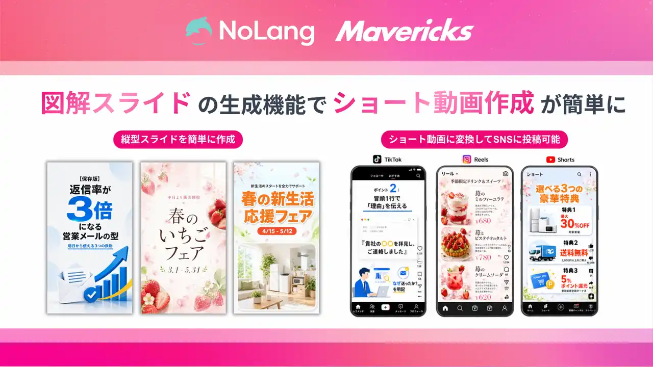 【Mavericks Inc.】 株式会社Mavericksは、動画生成AI「NoLang」のスライド生成機能を近日アップデート！図解・デザイン豊富な縦型9:16スライドの生成に対応予定