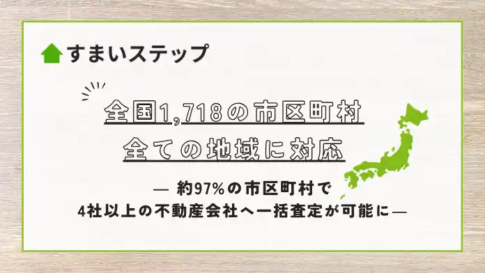 優良不動産会社に出会える一括査定サイトすまいステップ、全国1,718市区町村、すべてに対応