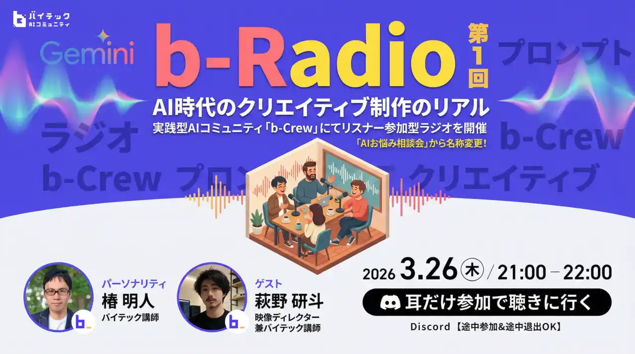 【バイテック生成AIオンラインスクール】実践型AIコミュニティ「b-Crew」にてリスナー参加型ラジオ「b-Radio」第1回を開催