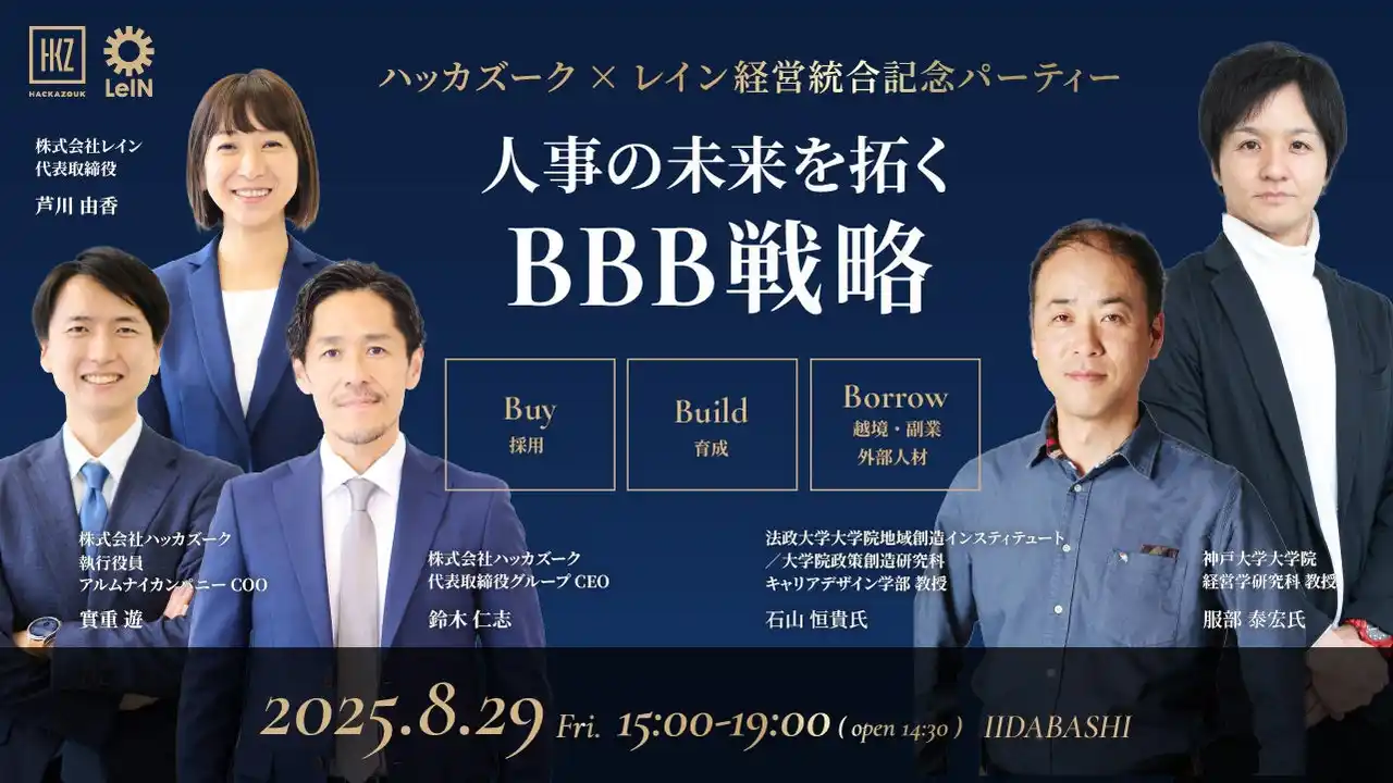 8/29（金）15：00～　～ハッカズーク×レイン 経営統合記念パーティー『 人事の未来を拓くBBB戦略 』を開催