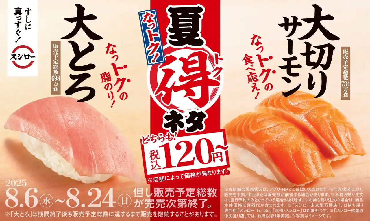 【株式会社あきんどスシロー】もっと美味しく、もっとお得に！スシロー「夏得（なっトク）」ネタ人気の「大とろ」と「大切りサーモン」が税込120円～で登場！