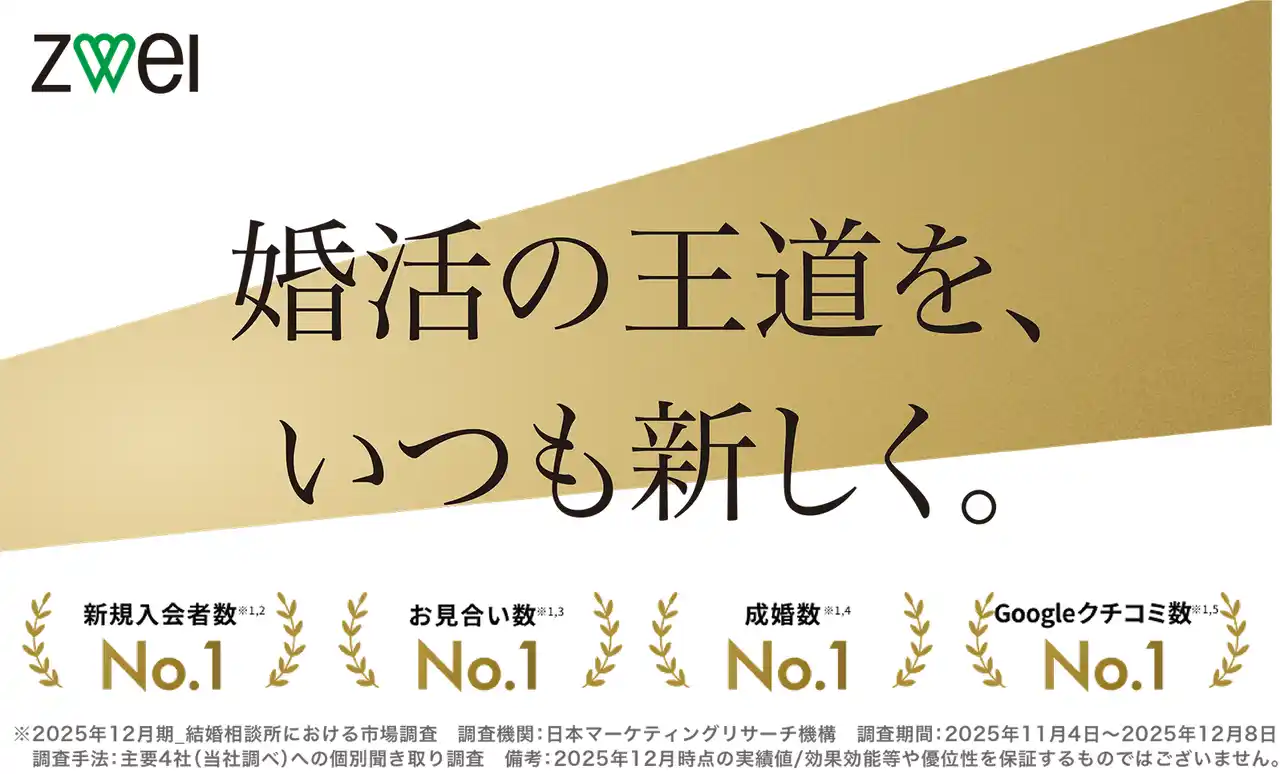 【ZWEI】 全国で最多の店舗数を誇る結婚相談所「ZWEI（ツヴァイ）」 　　　成婚数や新規入会数など4部門でNo.1 を獲得