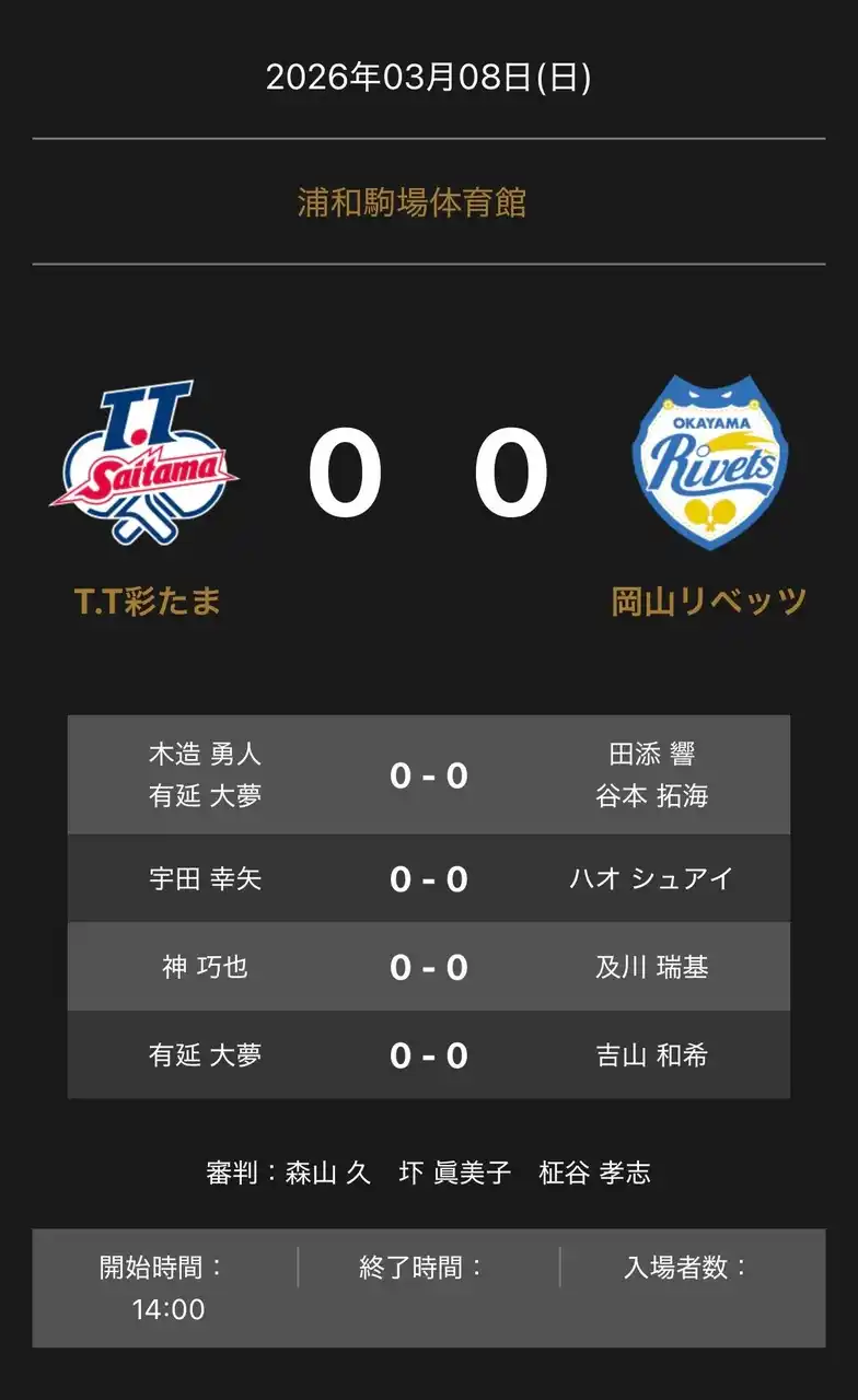 【卓球のＴリーグ】 ノジマＴリーグ 2025-2026シーズン 公式戦 3月8日開催 T.T彩たま vs 岡山リベッツ 対戦オーダー発表