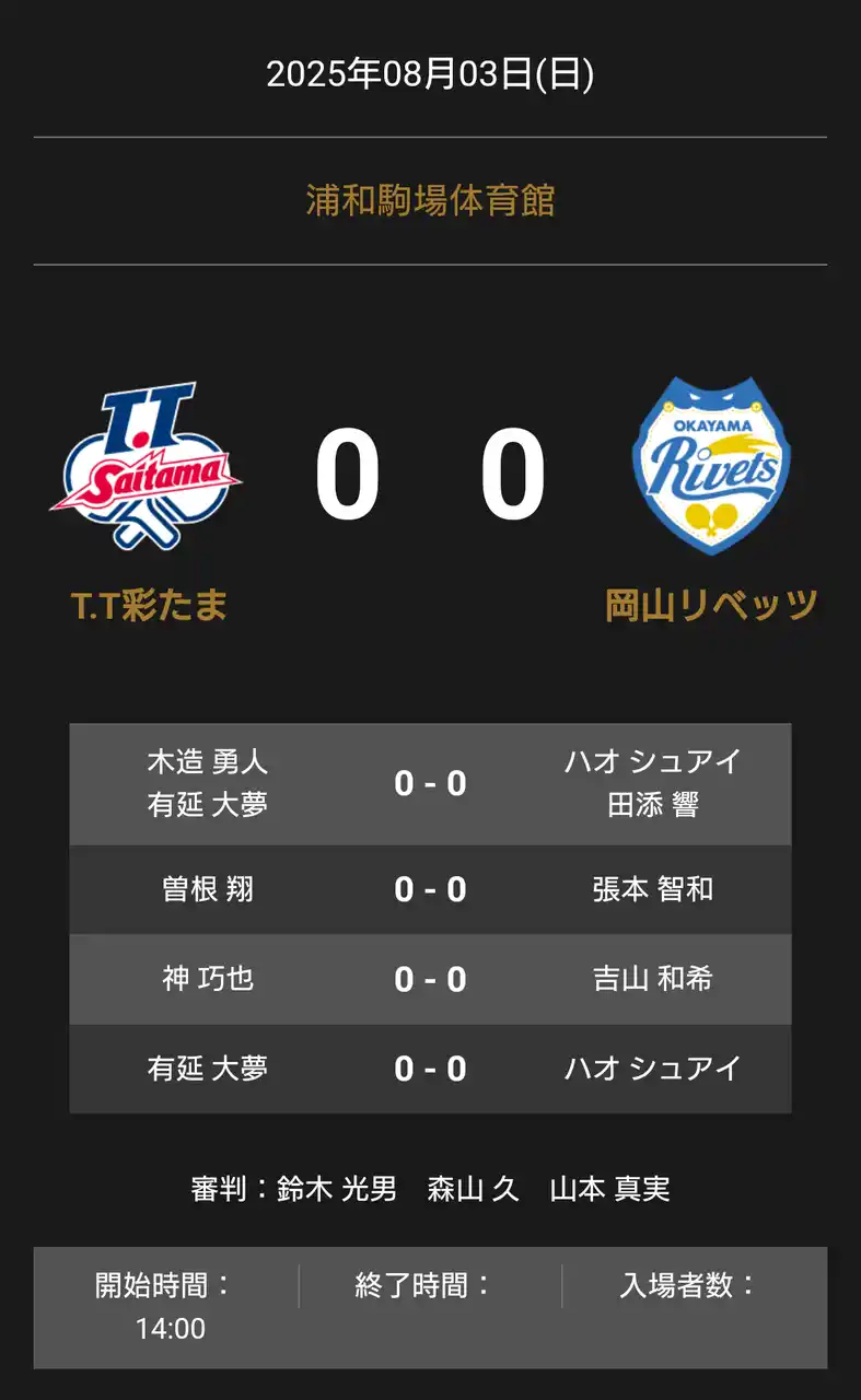 【卓球のＴリーグ】 ノジマTリーグ 2025-2026 公式戦 8月3日開催 T.T彩たま vs 岡山リベッツ オーダー発表