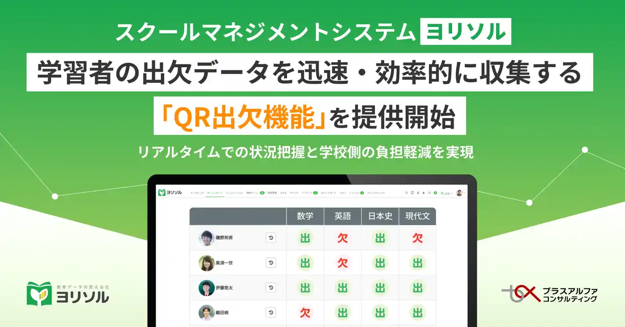 【株式会社プラスアルファ・コンサルティング】 スクールマネジメントシステム 「ヨリソル」学習者の出欠データを迅速・効率的に収集する「QRコード出欠機能」を提供開始