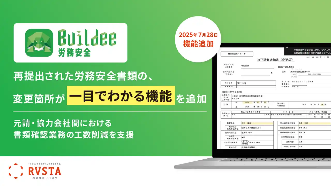 リバスタの建設現場施工管理サービス「Buildee」、労務安全書類の変更箇所が一目でわかる機能を追加