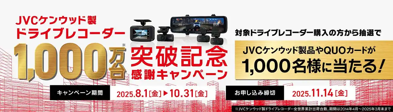 【株式会社JVCケンウッド】 「JVCケンウッド製ドライブレコーダー出荷台数1,000万台突破記念 感謝キャンペーン」を実施（PR情報）