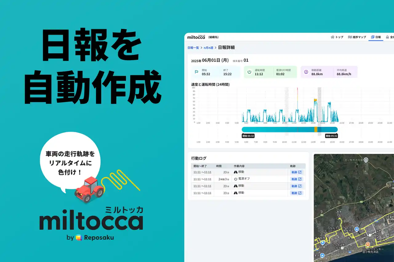 【エゾウィン株式会社】 もう、日報作成に時間はかからない。挿すだけ簡単動態管理「ミルトッカ」が日報を自動作成。
