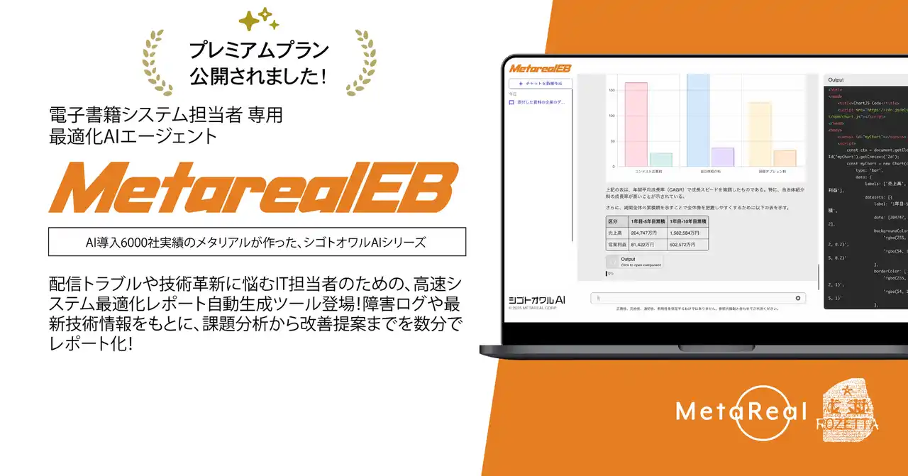 【株式会社メタリアル】 電子書籍システム担当専用AIエージェント「Metareal イーブック(Metareal EB)」プレミアムプラン7/30提供開始電子書籍プラットフォーム運用の常識を覆す新スタンダード誕生