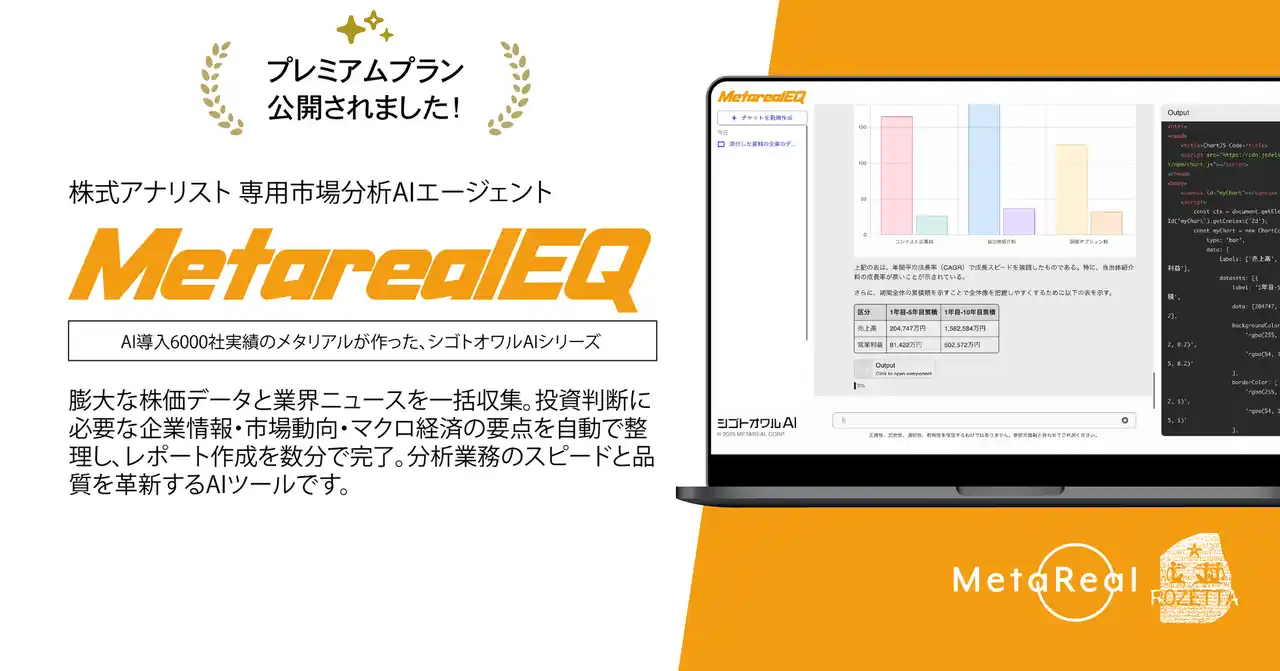 【株式会社メタリアル】 月額5万円で月200回使えるAI投資分析エージェント「Metareal エクイティ(Metareal EQ)」プレミアムプラン7/18提供開始