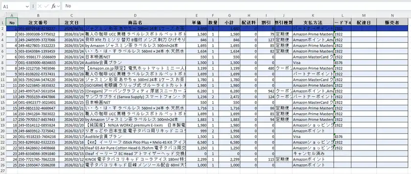 KaimonoToExcelでExcel出力結果