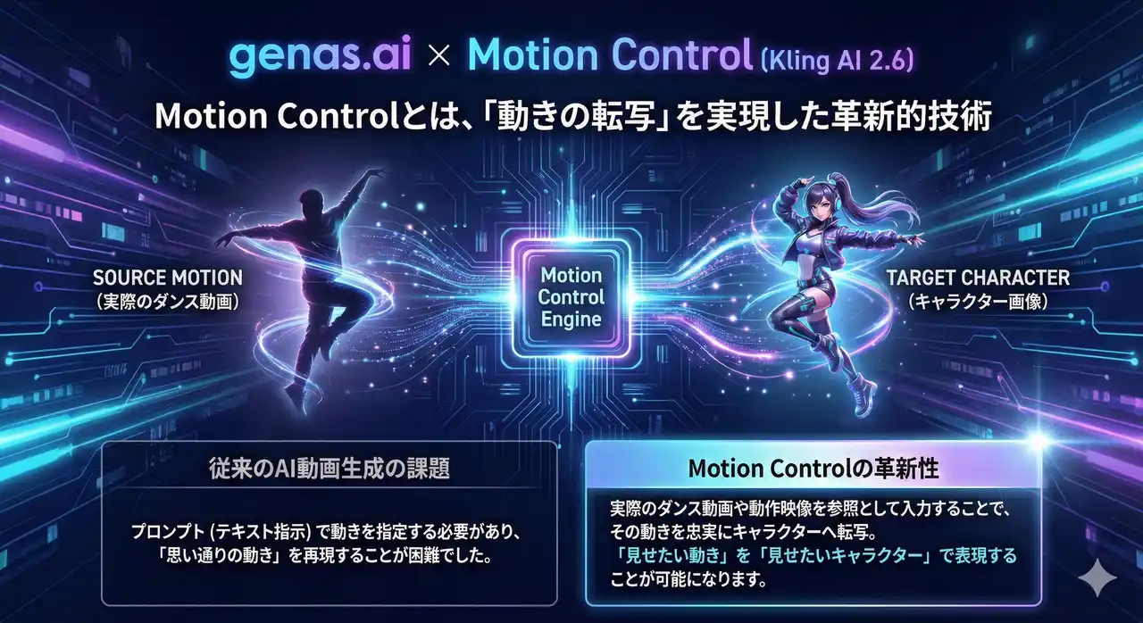 【ニュウジア】 ダンスもスポーツも完璧再現--Kling最新「Motion Control」でキャラクターが自在に動く時代へ。「genas.ai（ジェナス）」が実装