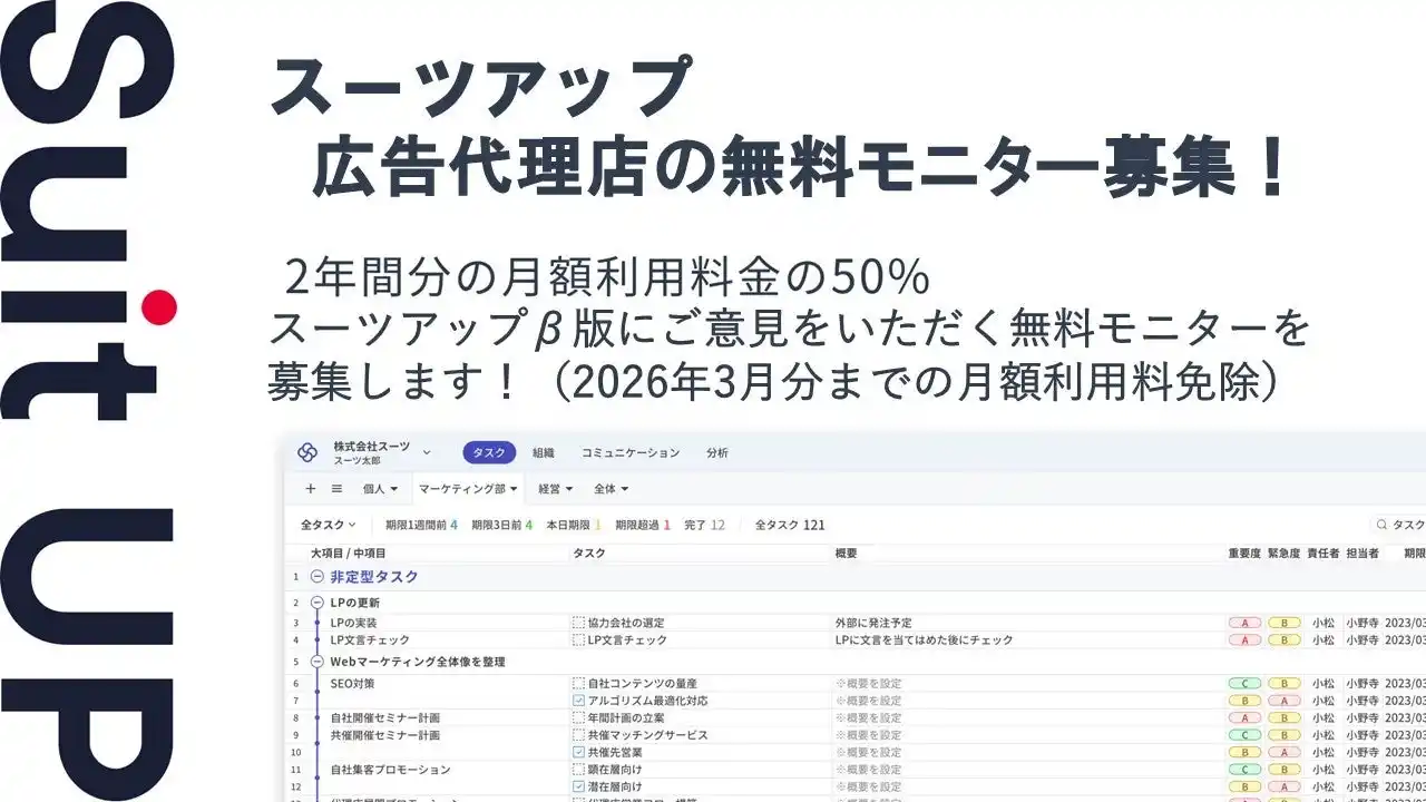 【スーツ】 AIタスク管理・プロジェクト管理ツール「スーツアップ」、広告代理店の無料モニター募集
