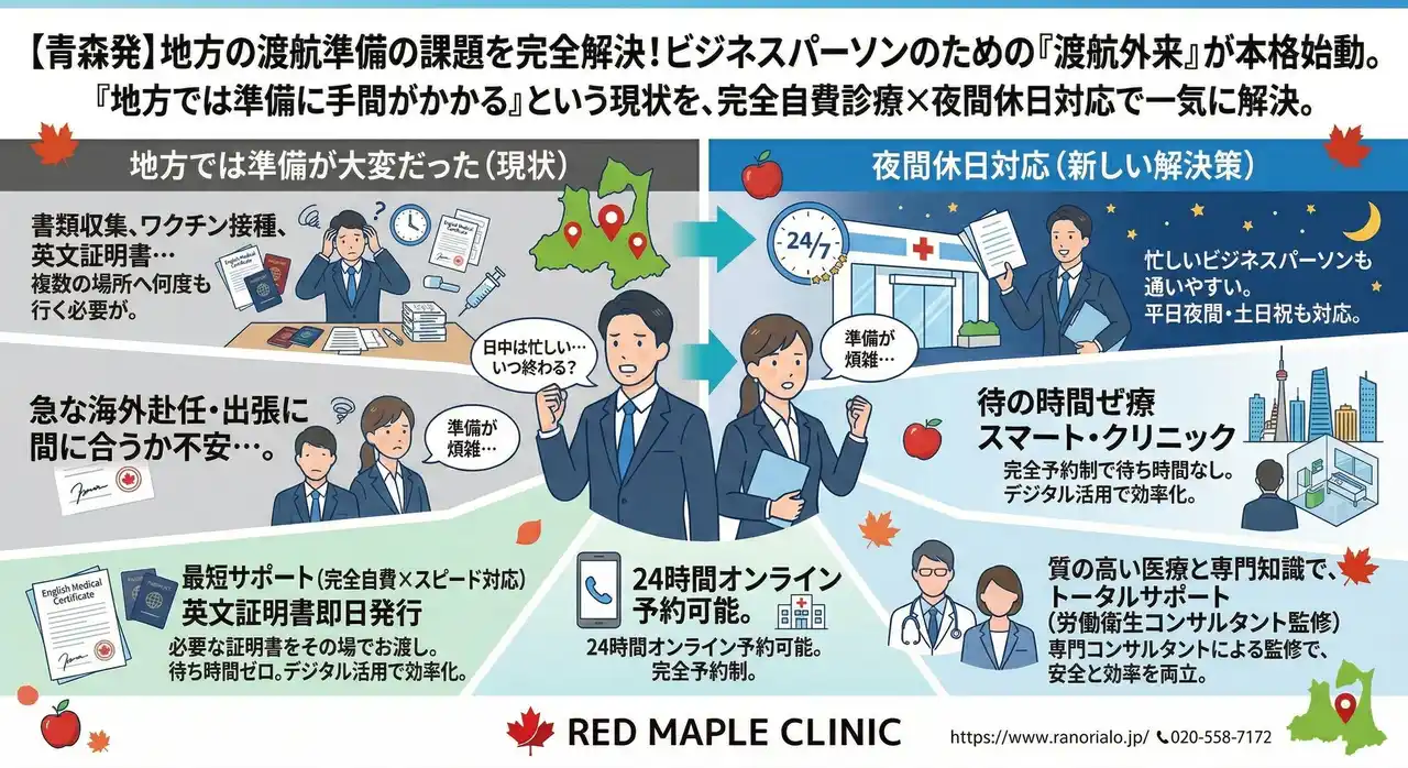 地方から世界へ挑む企業を医療面でバックアップ。青森では希少な「完全自費×夜間22時まで」対応のトラベルクリニック（渡航外来）が登場。