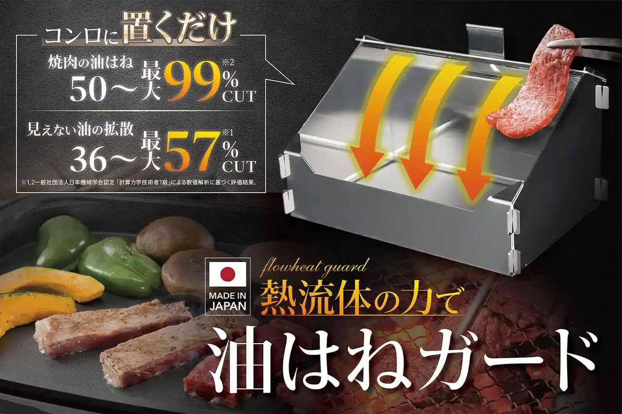 IWKイノベーション（株）新型油はねガードを開発　焼肉の油はねを最大99％カット 特許出願中の流体制御構造で目に見えない霧状の油も同時に防ぐ　世の中に存在しない油はね防止の専用構造