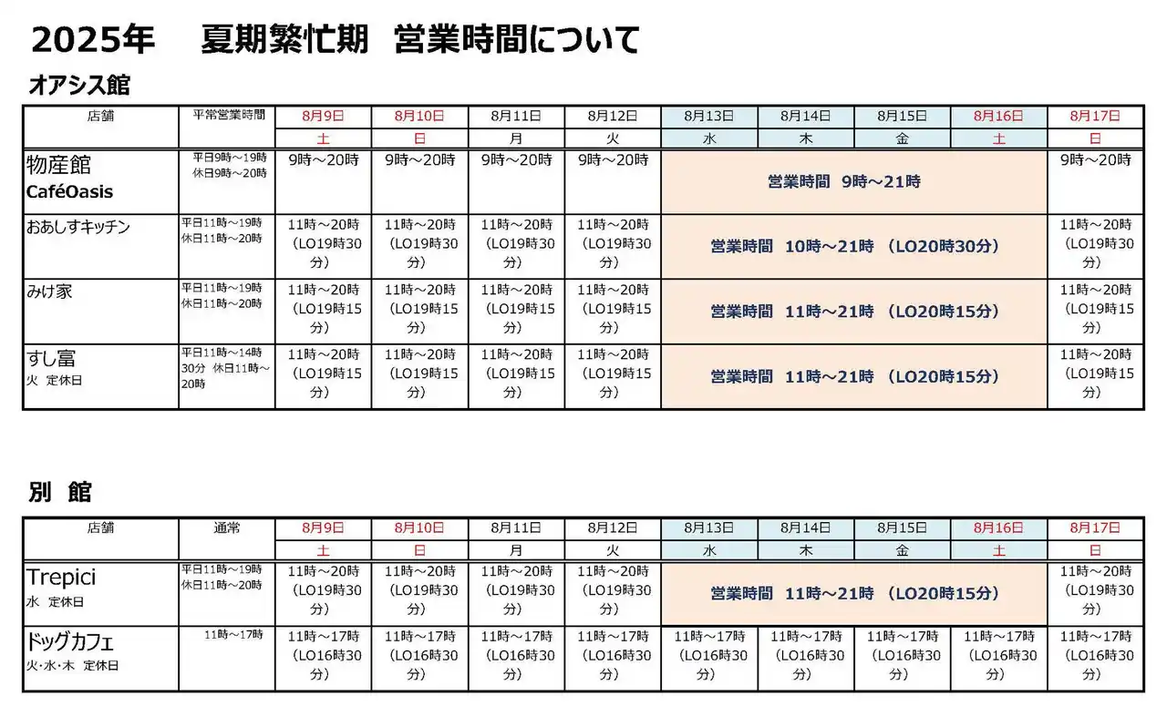 【ユーアールエー株式会社】 淡路ハイウェイオアシスで、夏休みお盆期間中の営業時間延長など決定！
