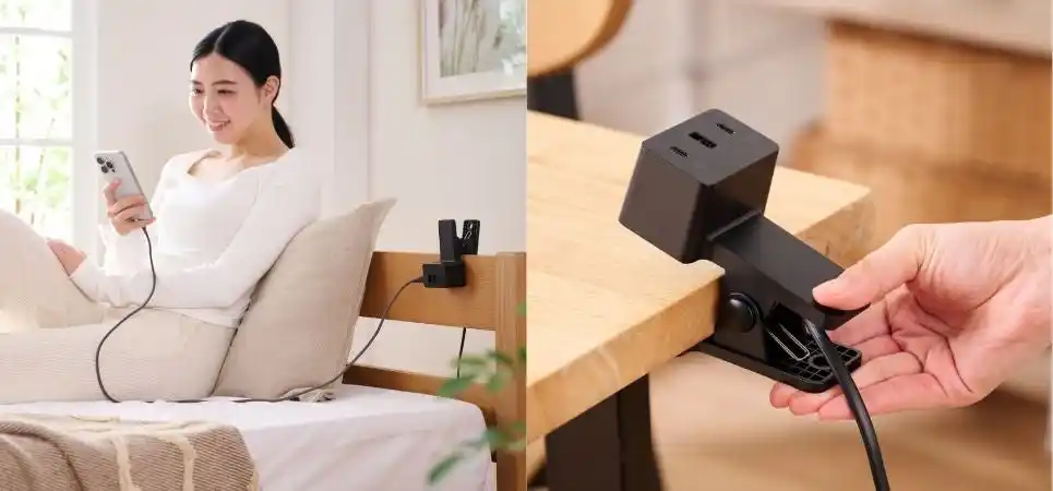 【エレコム株式会社】 テレワーク時のダイニングテーブルや就寝時のベッドに挟んで手元で機器を充電可能！最大出力67W 3ポートの固定クリップ型AC充電器を新発売