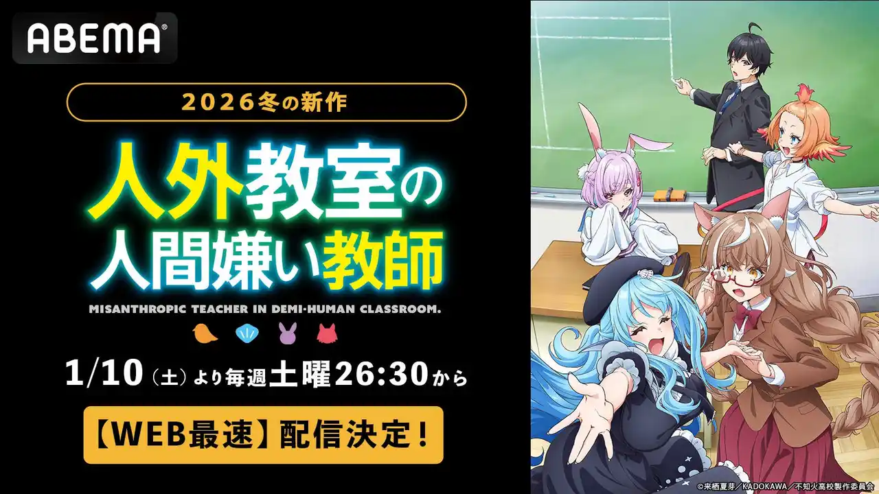 【ABEMA】 人気V Tuberの作家デビュー作がアニメ化！新作冬アニメ『人外教室の人間嫌い教師』、「ABEMA」で1月10日（土）夜26時30分より無料配信＆WEB最速配信決定！