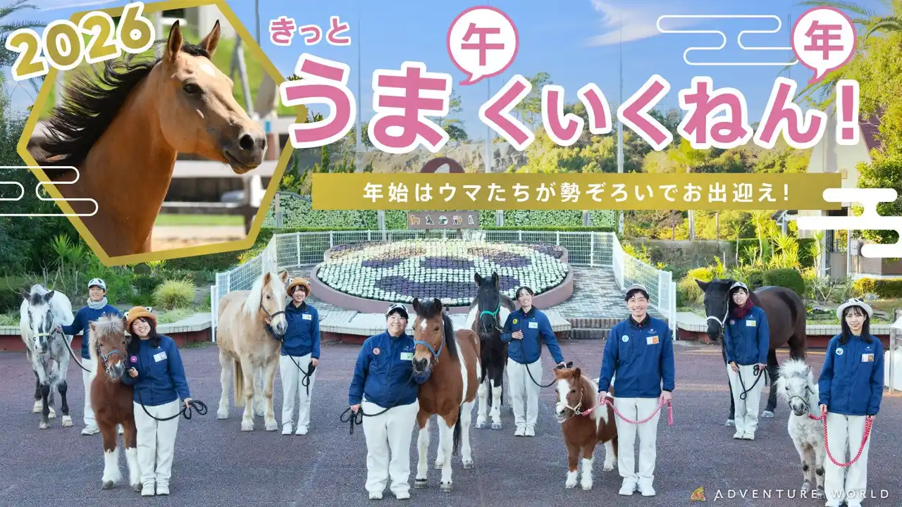 【アドベンチャーワールド】 ２０２６年　きっと「 うま(午) くいく ねん(年)！」“年男年女ポニー”迎春セレモニー＆ウマたちがゲストの皆様をお出迎え！