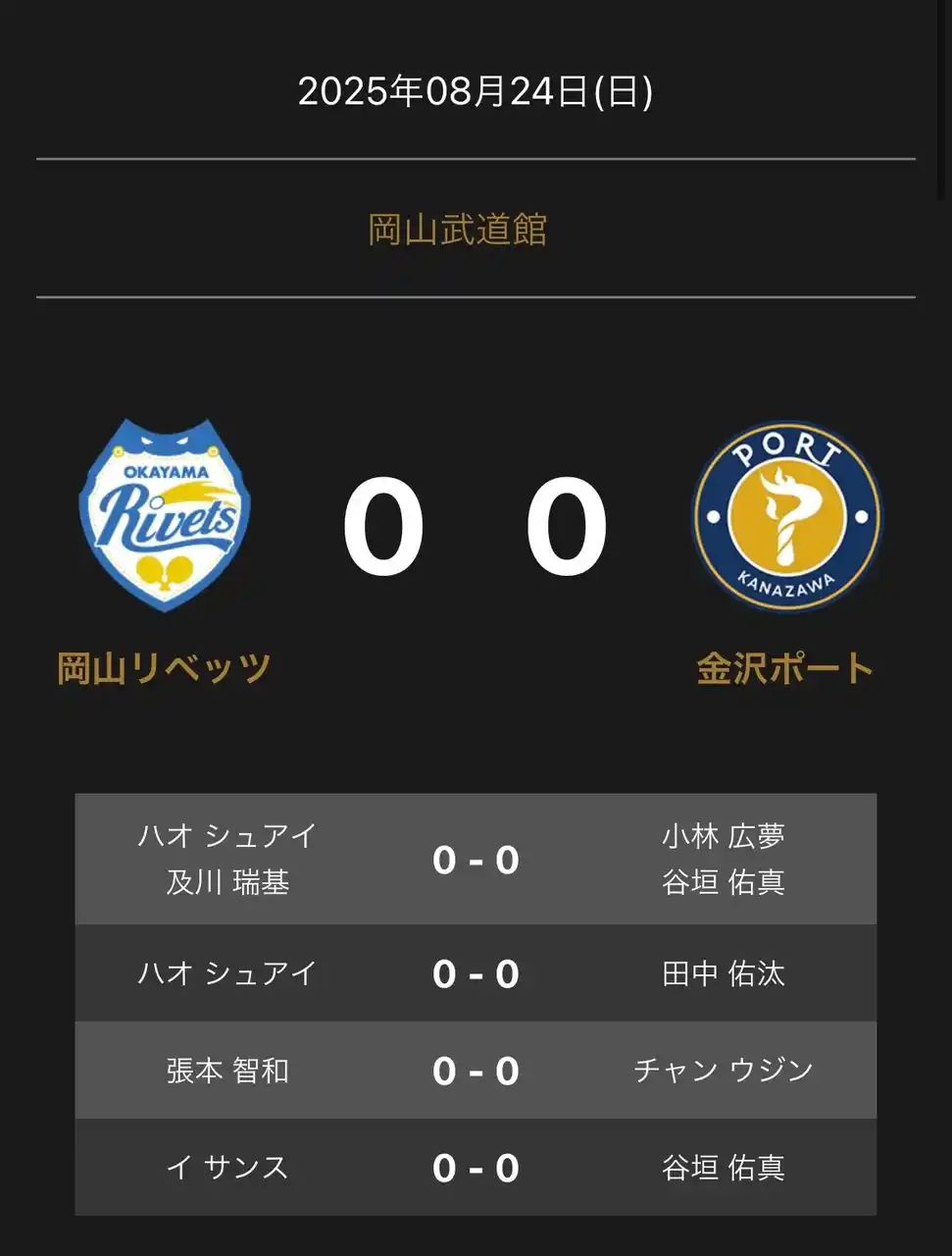 【卓球のＴリーグ】 ノジマTリーグ 2025-2026シーズン 公式戦 8月24日開催 岡山リベッツ vs 金沢ポート 対戦オーダー発表