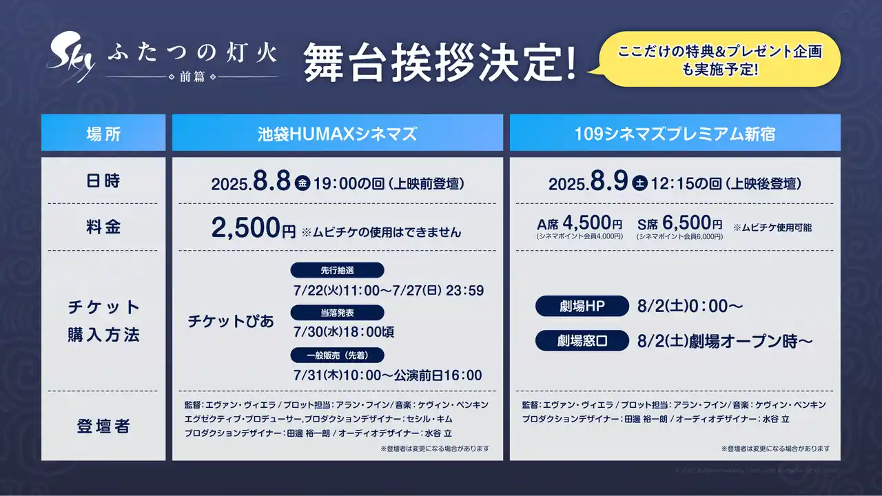 【thatgamecompany, Inc.】 映画『Sky ふたつの灯火 - 前篇 -』公開情報第4弾！公開初日8月8日(金)に「池袋HUMAXシネマズ」、また9日(土)には「109シネマズプレミアム新宿」にて、映画公開記念舞台挨拶の開催が決定！