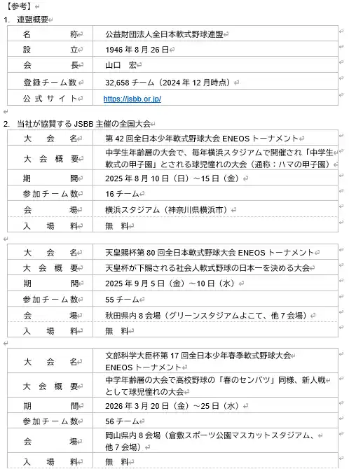 【ENEOS株式会社】 ENEOSは「全日本軟式野球連盟」主催大会に今年も協賛します！