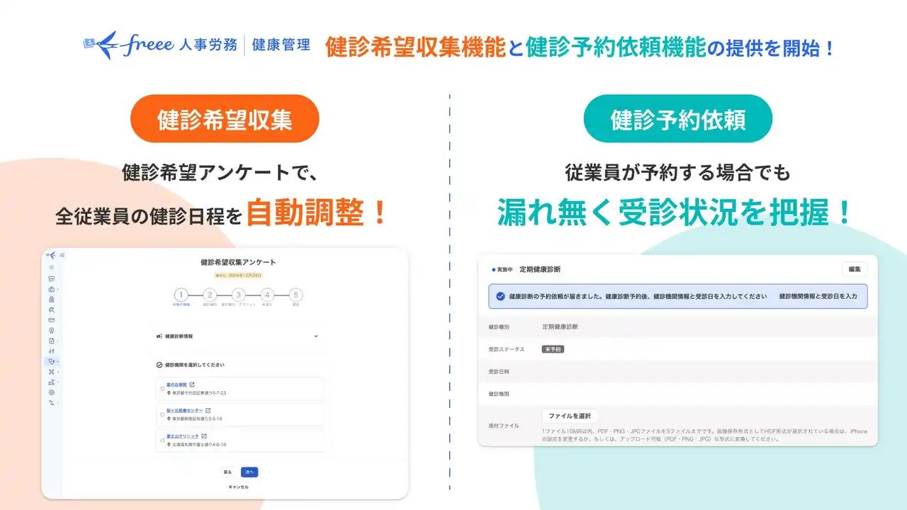 freee人事労務 健康管理、健診希望収集と健診予約依頼機能の提供を開始　健診日程の自動調整と従業員が予約した健診情報の回収が可能に