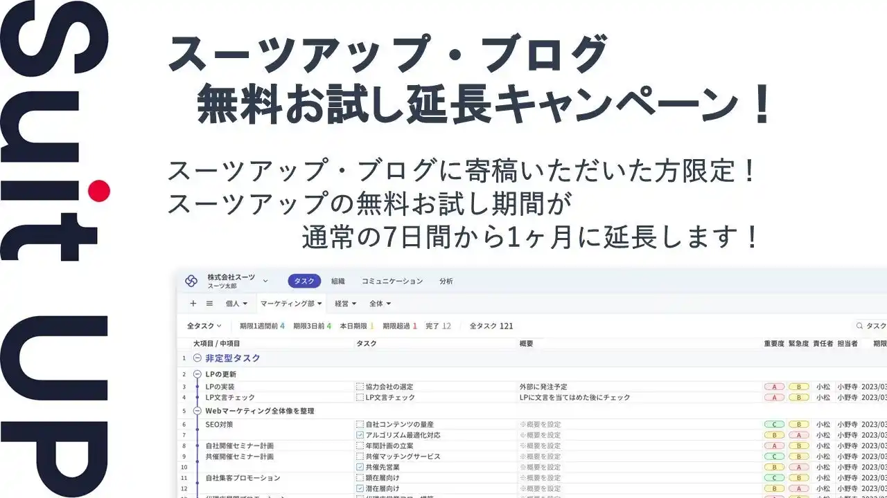 【スーツ】 チームのタスク管理・プロジェクト管理ツール「スーツアップ」、2025年8月度無料お試し延長キャンペーン