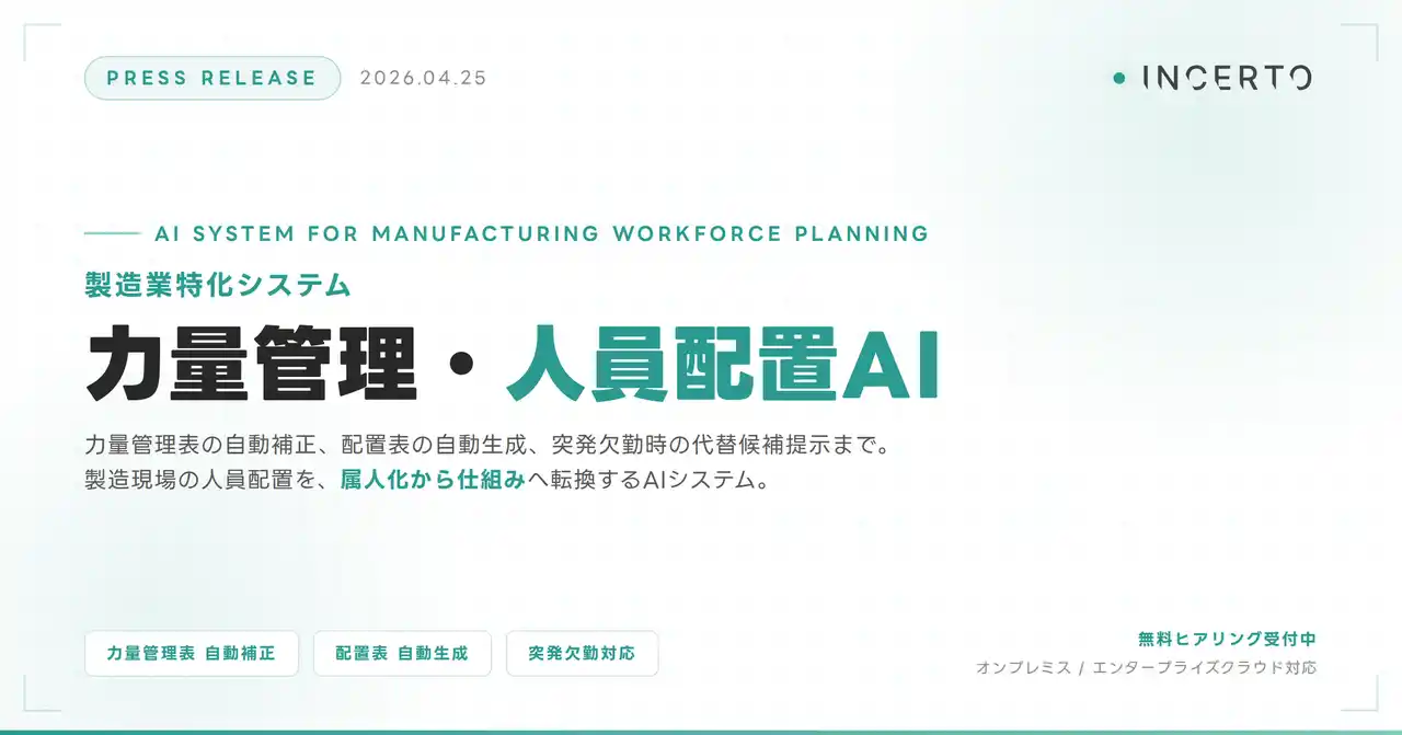 【Incerto合同会社】 力量管理から日々の人員配置までを統合する製造業特化システム『力量管理・人員配置AI』、Incertoが提供開始