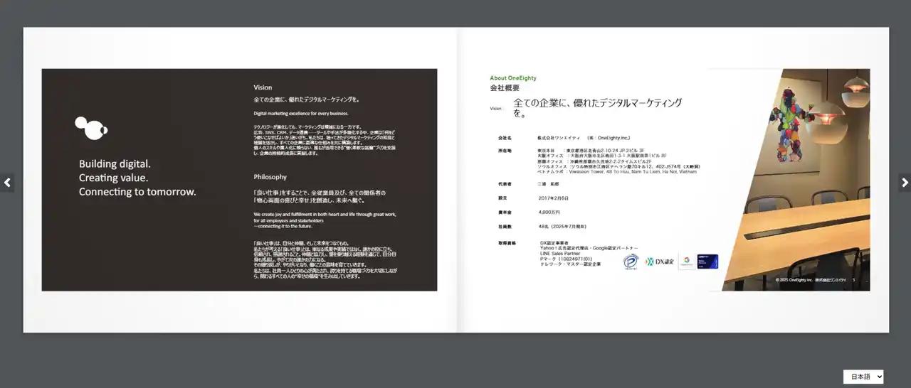 【株式会社ワンエイティ】 【新機能リリース】パンフレットを“冊子のように読む”体験をWebで再現。多言語配信にも対応