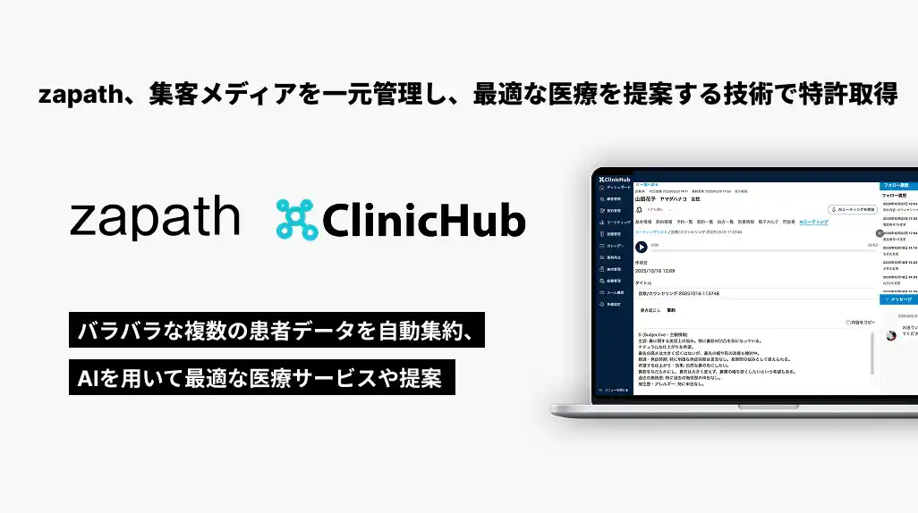 【特許取得】美容医療向けAI BPOを提供するzapath、「カルテと集客メディアを一元管理し、最適な医療サービスを自動提案する技術」で特許を取得